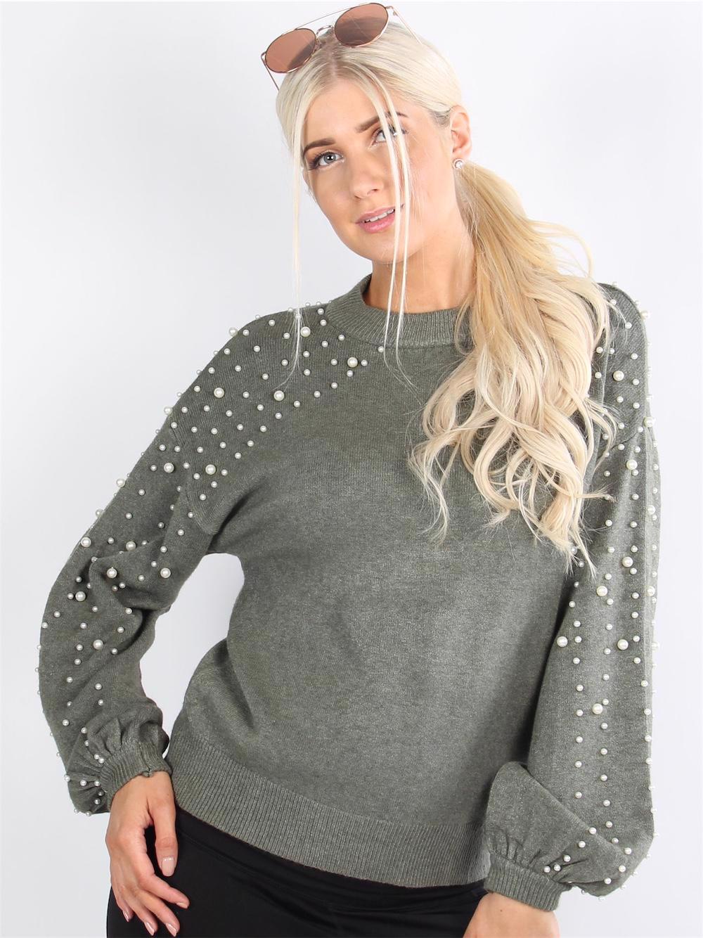 Diva - Armygrøn strikbluse med perler og oversize ærmer